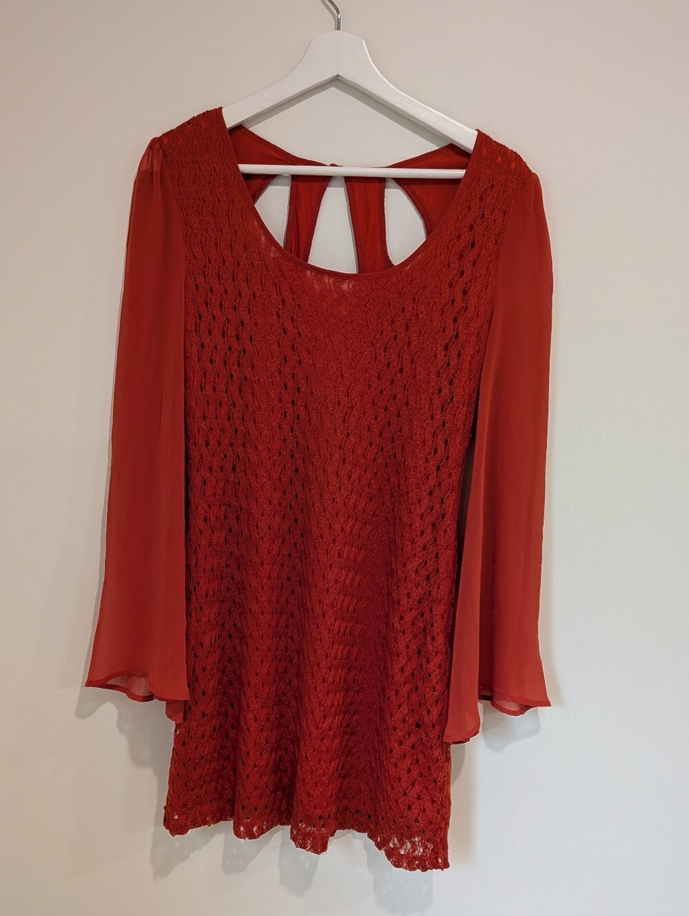 NWT Retro Rust Orange lace mini dress with flare sleeves whimsy 70's Boho Hippie
